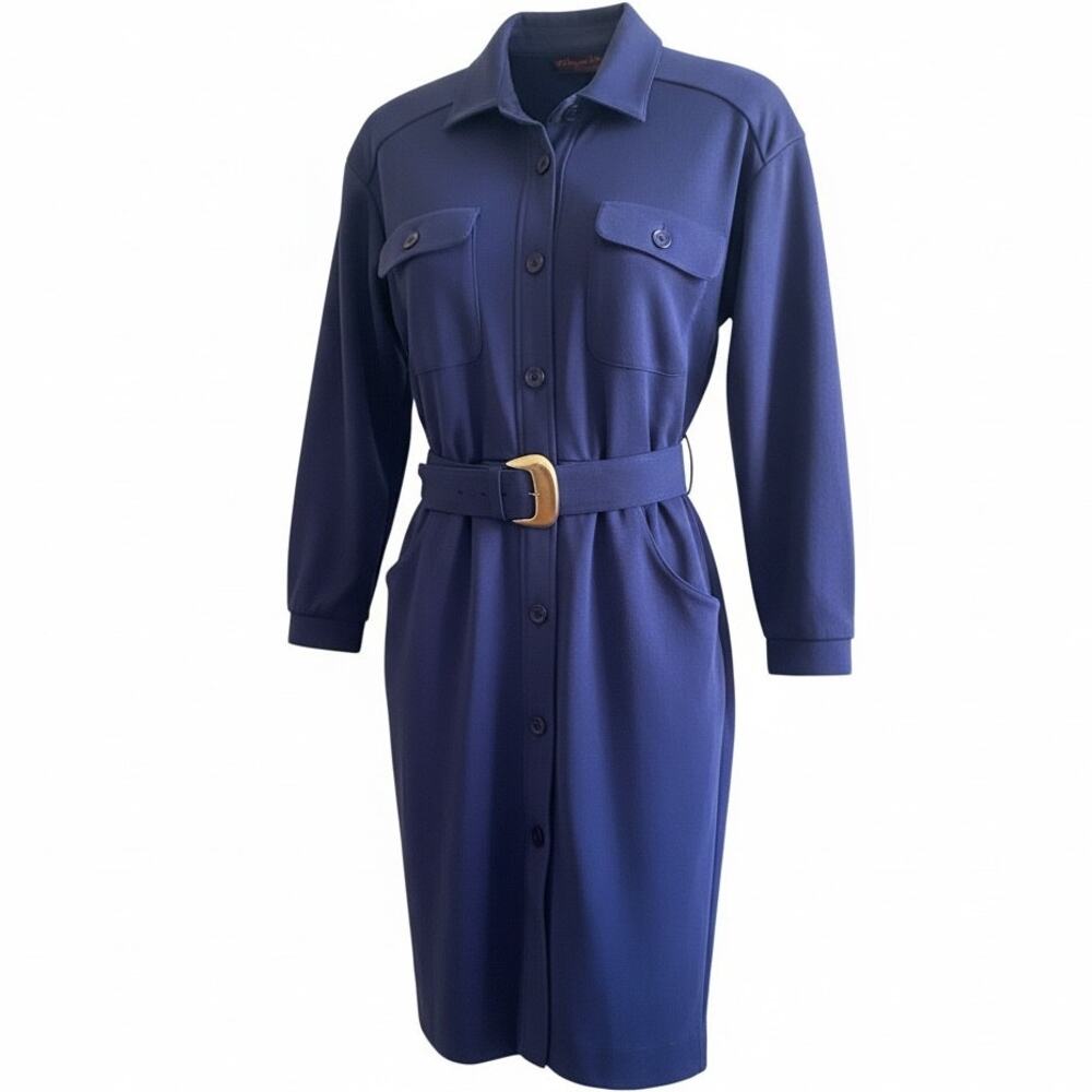 JB Wright LTD Navy Vintage Belted Midi Shirt Dress Size 6 Pockets Statement Work - Picture 17 of 17
